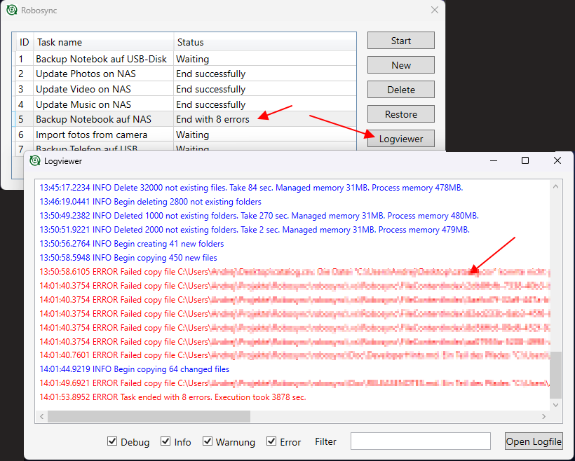 Prüfe logs in Log-Viewer